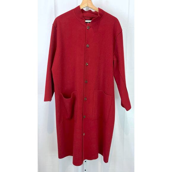 ESKANDAR Felted Wool Cashmere Duster Jacket Coat Button Up England Red M/L Sz 1